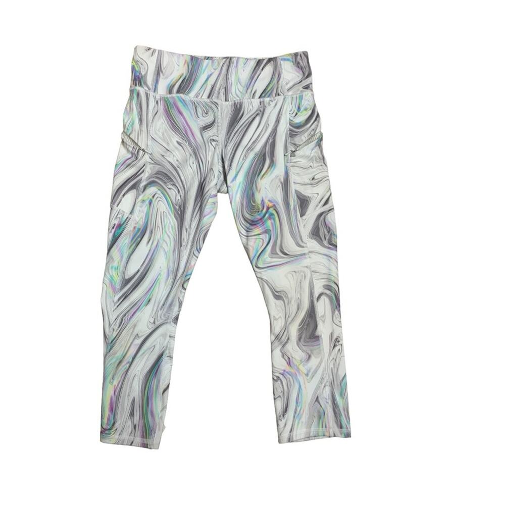 Athleta womens small marble swirl rainbow crop leggings gym lulu pockets gray